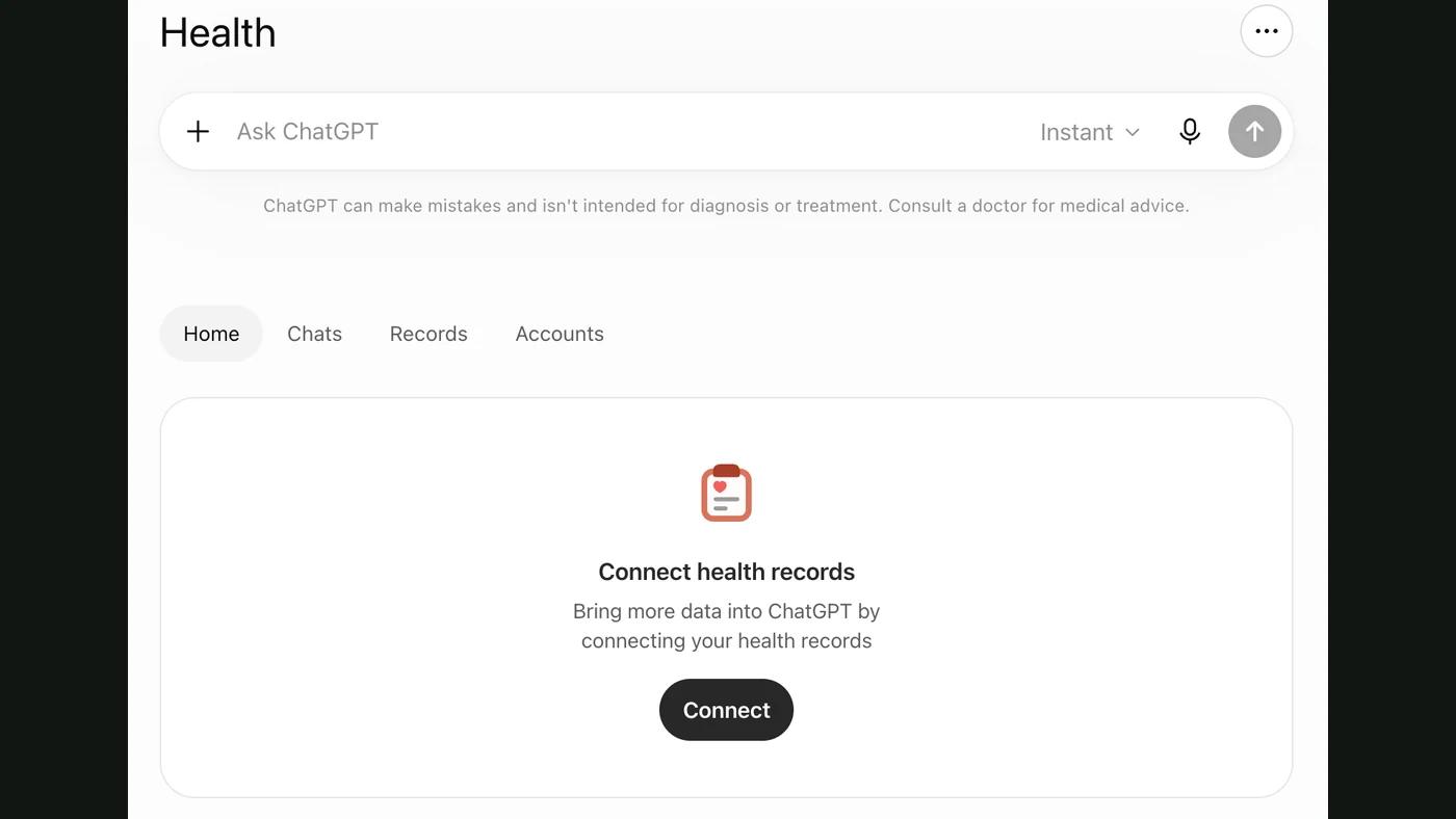 ChatGPT Health interface with the Connect health records control — official OpenAI documentation screenshot