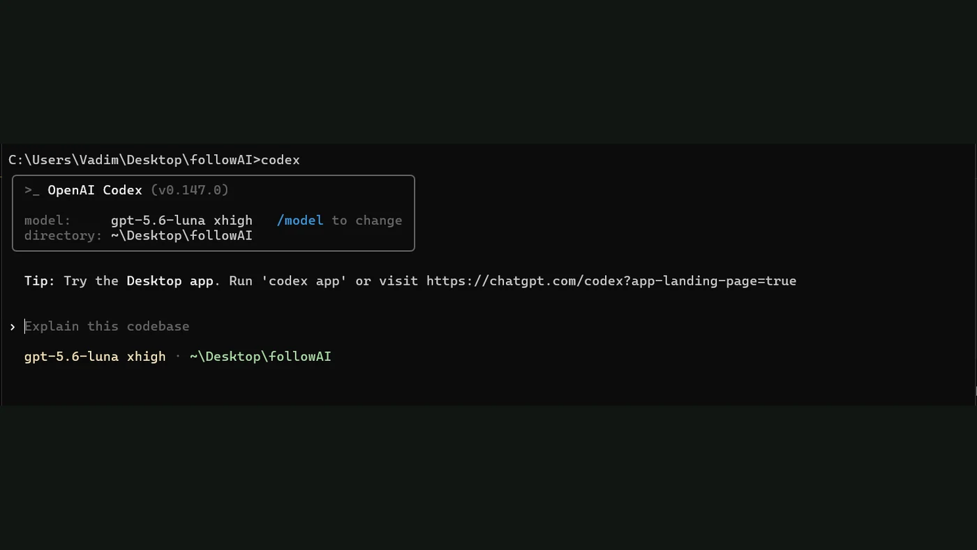 Codex CLI running in the FollowAI project — recorded interface screenshot
