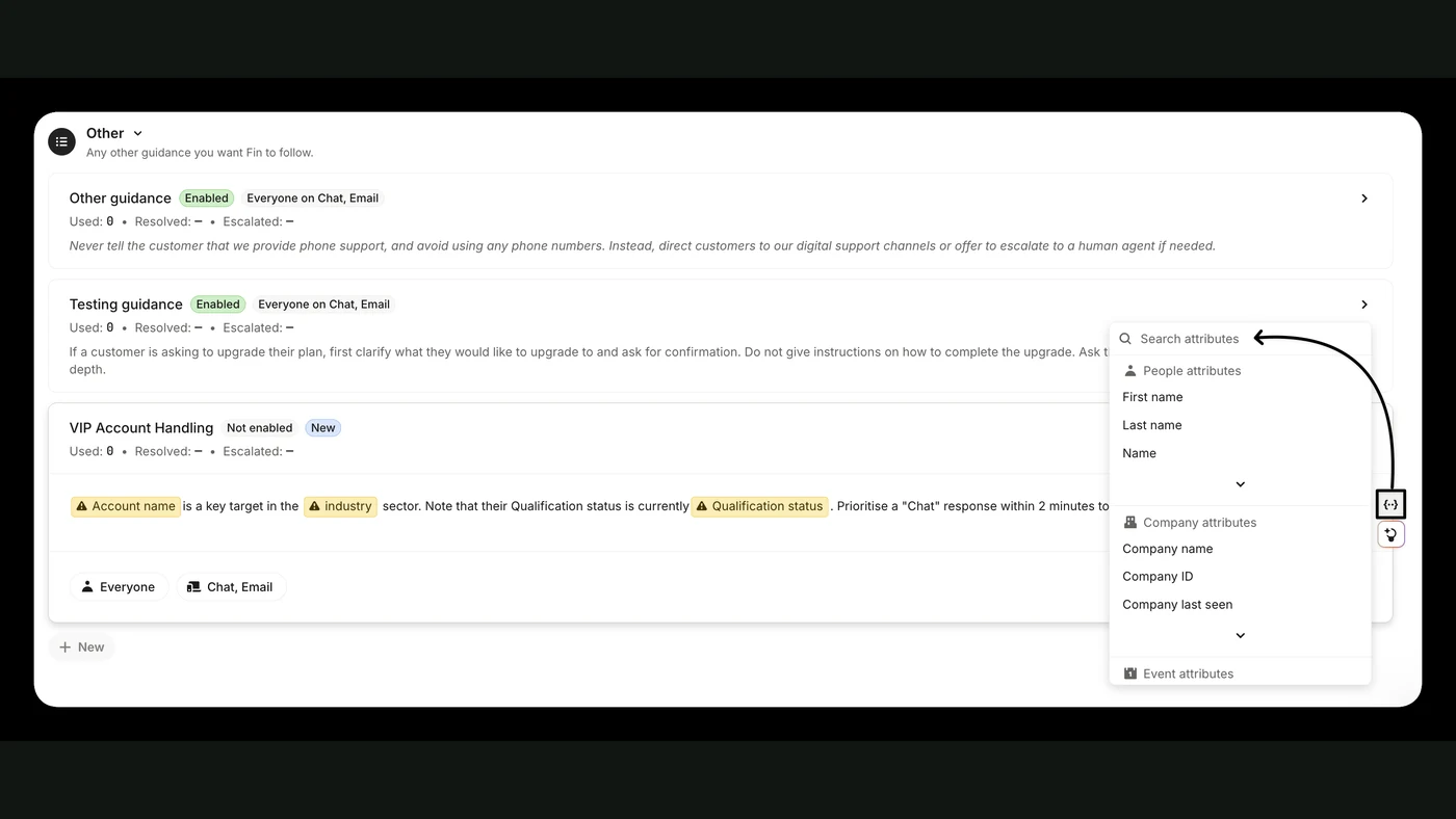 Intercom Fin guidance and knowledge settings — official documentation example