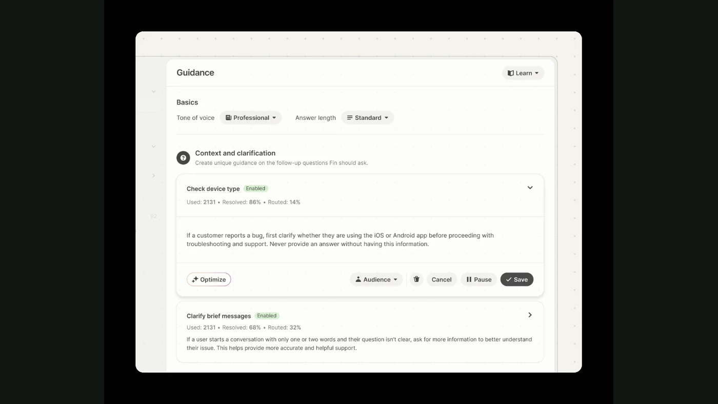Intercom Fin guidance settings — official documentation example