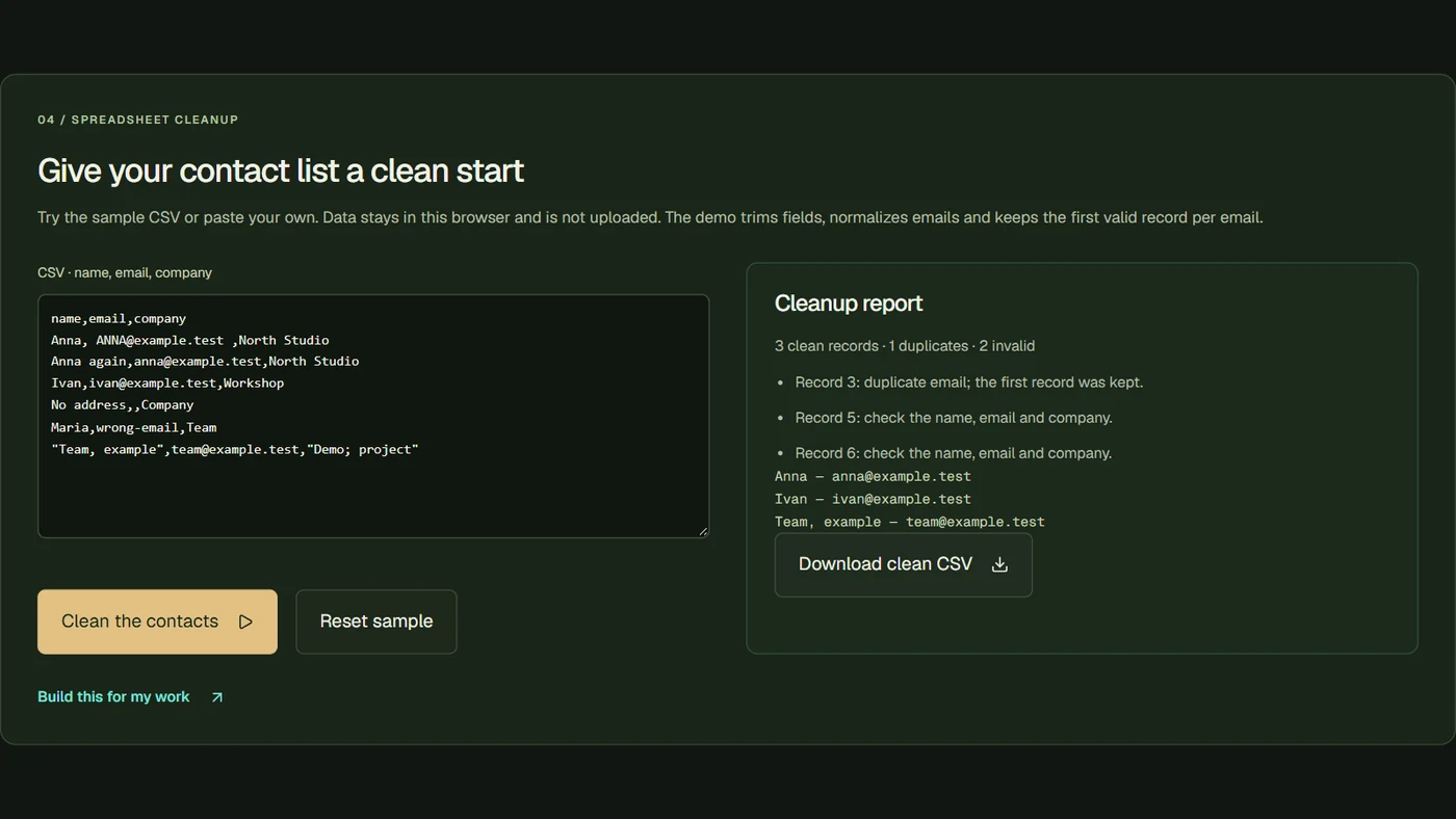 FollowAI CSV cleanup browser demo showing duplicate and invalid contact checks; demonstration data