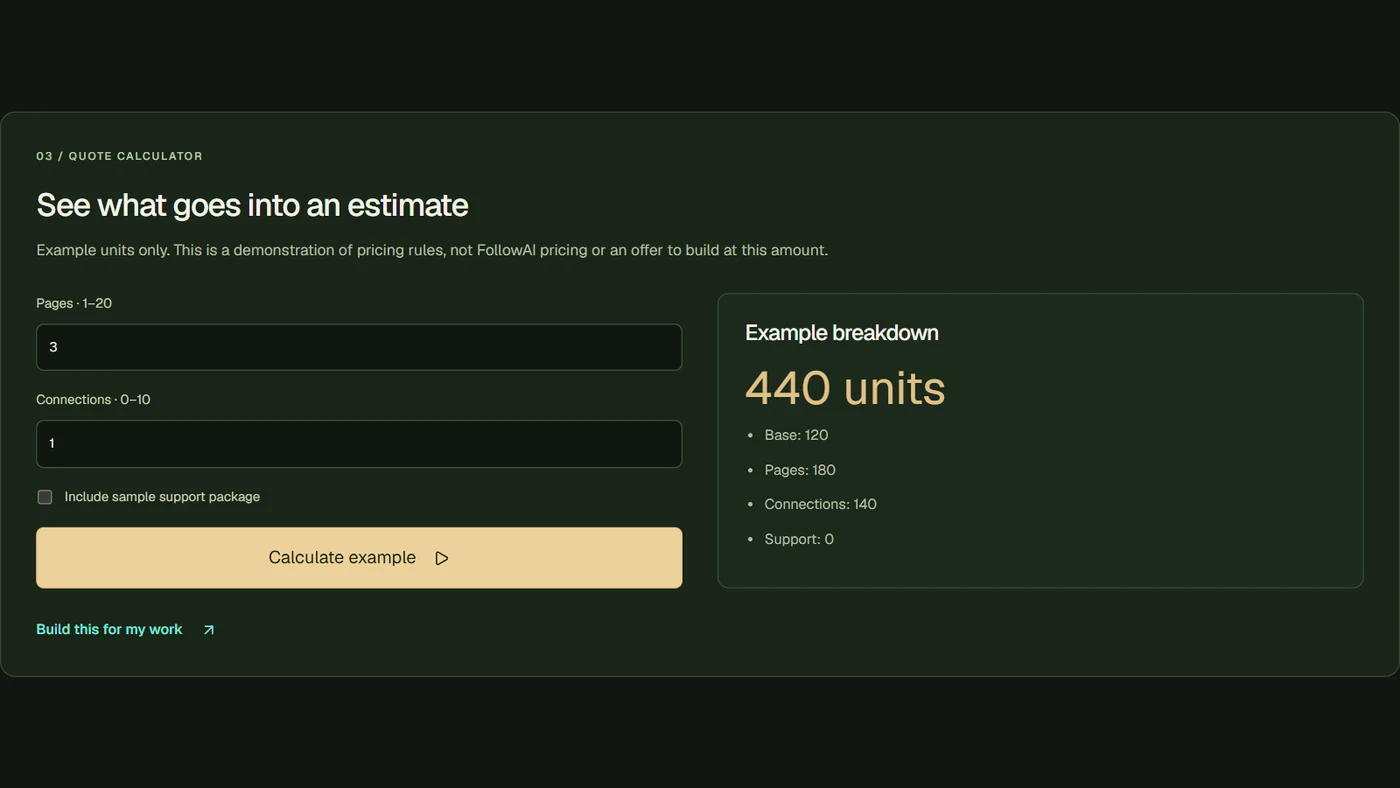 FollowAI quote calculator browser demo showing an example estimate; demonstration data
