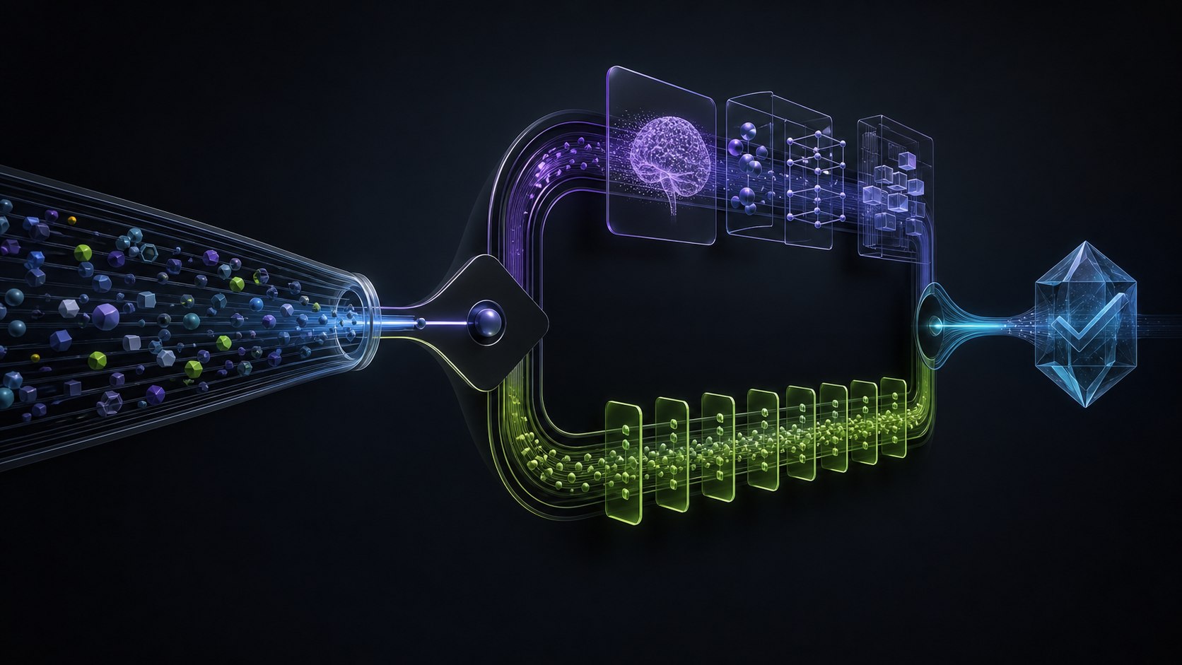 A stream of AI tasks routed between a deeper reasoning lane and a high-throughput lightweight lane before verified output