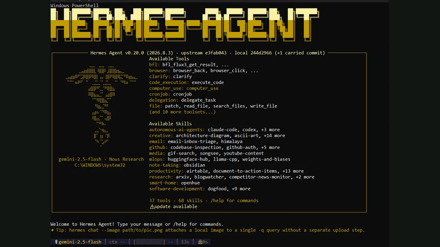 Hermes Agent terminal displaying its available tools — recorded FollowAI screenshot