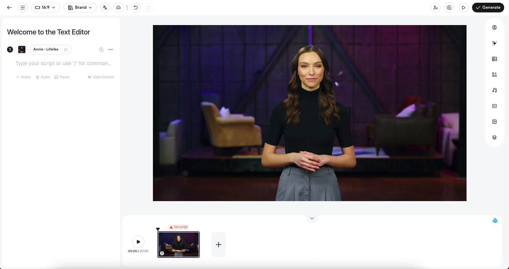 HeyGen's official AI Studio screenshot showing the video editing workspace