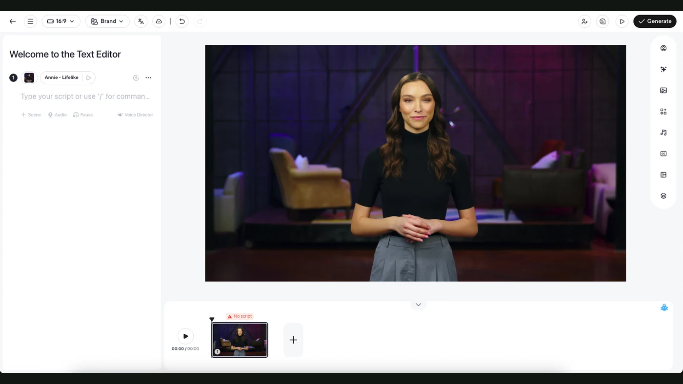 HeyGen AI Studio with an avatar preview and script editor — official documentation screenshot