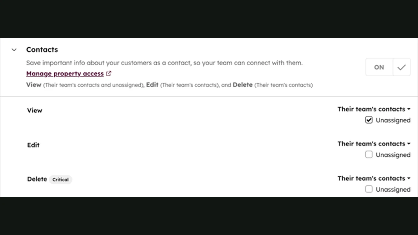 HubSpot contact permissions showing View, Edit and Delete controls — official documentation example