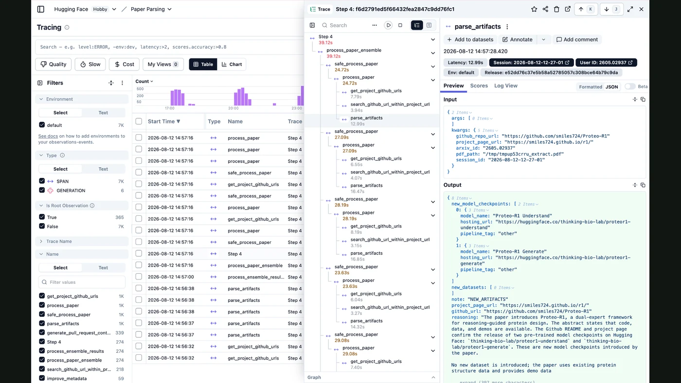 Langfuse trace explorer showing requests, timing and detailed observations — official documentation example