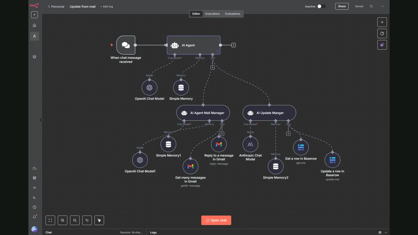 An AI agent workflow with connected tools in the n8n editor — official documentation example