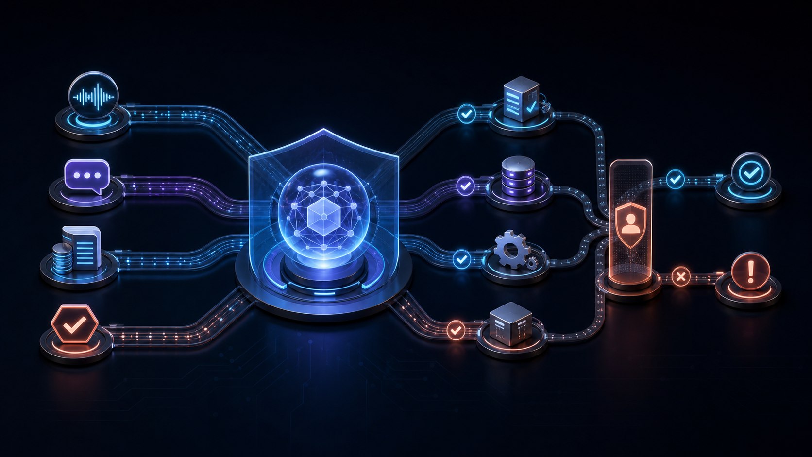 Conceptual enterprise AI agent connecting voice, chat, knowledge and approved actions through permission and human escalation controls