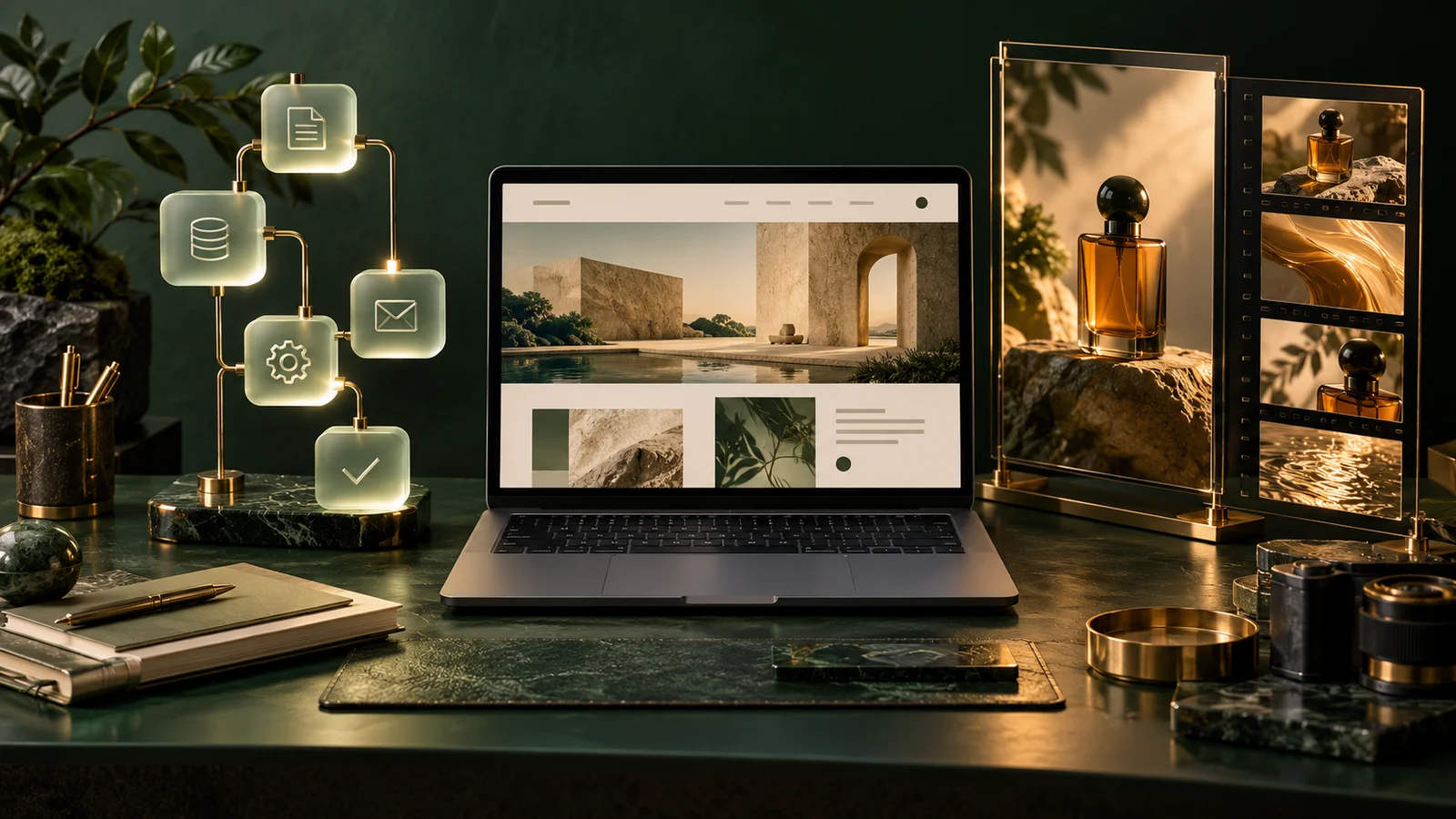 Editorial illustration of a creative workspace with a website, connected workflow and product video frames.