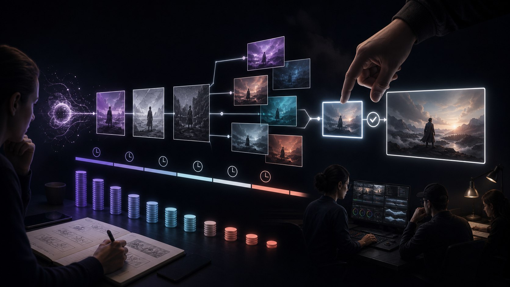 A creative production pipeline comparing a traditional film set with an AI-assisted video workflow and approved final assets