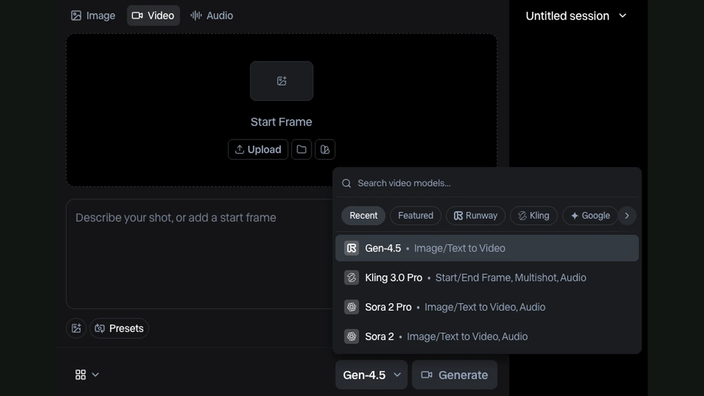 Runway video-generation interface with the model selection menu — official documentation screenshot