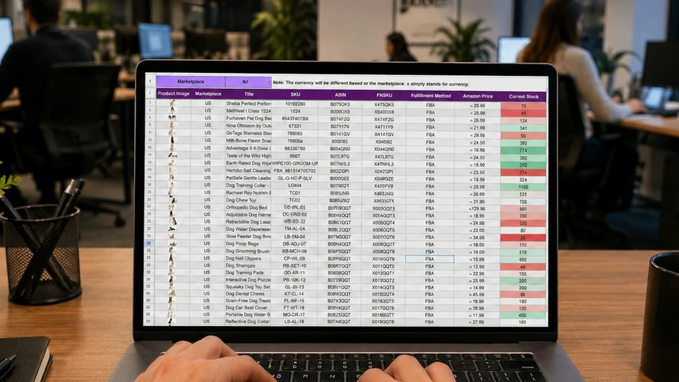 A person working with an inventory spreadsheet on a laptop