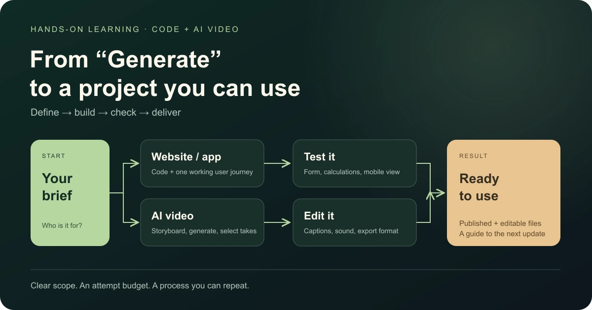 Two routes from a brief to a usable project: build and test a website, or storyboard and edit an AI video.
