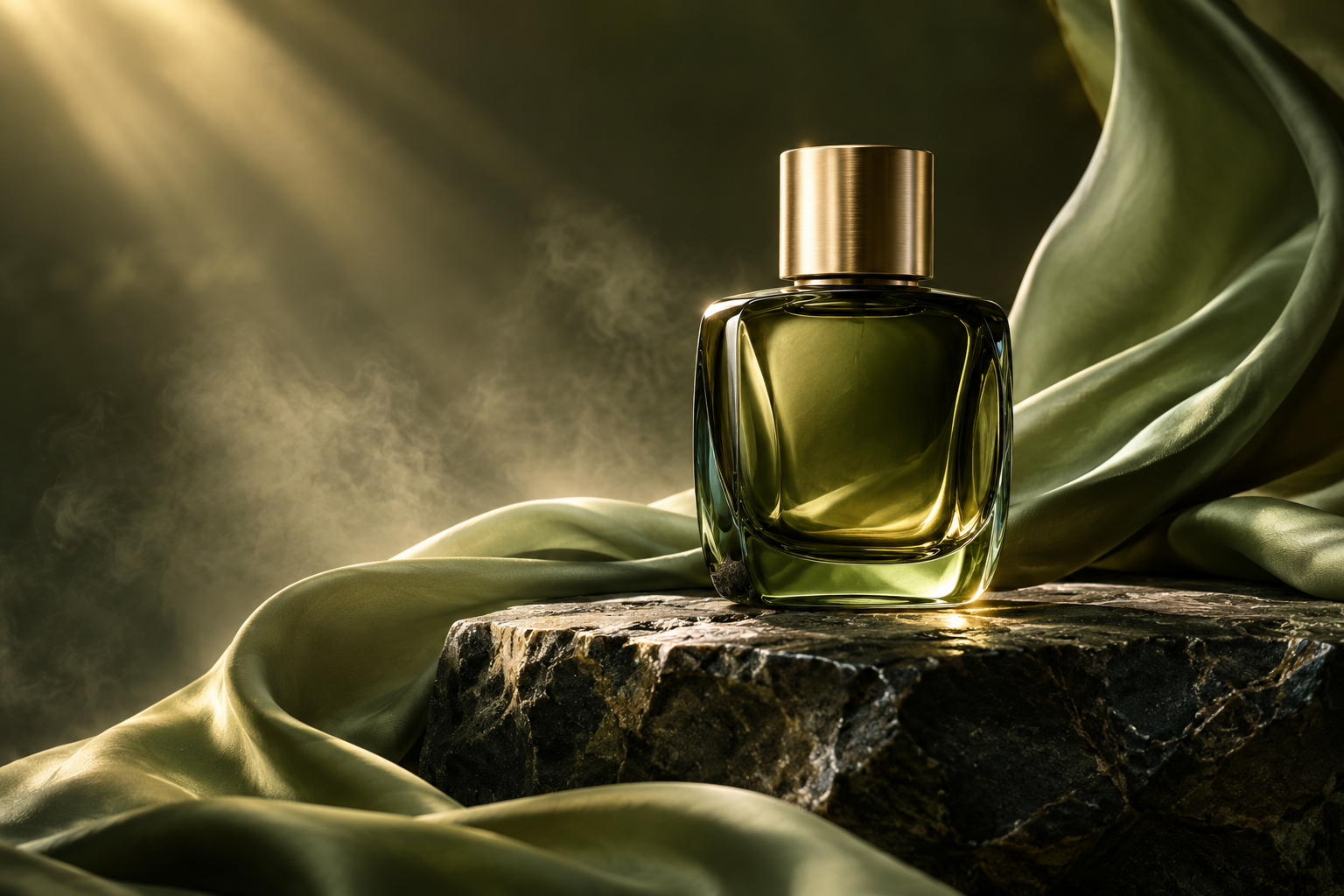 AI-generated concept image of an olive perfume bottle with flowing silk